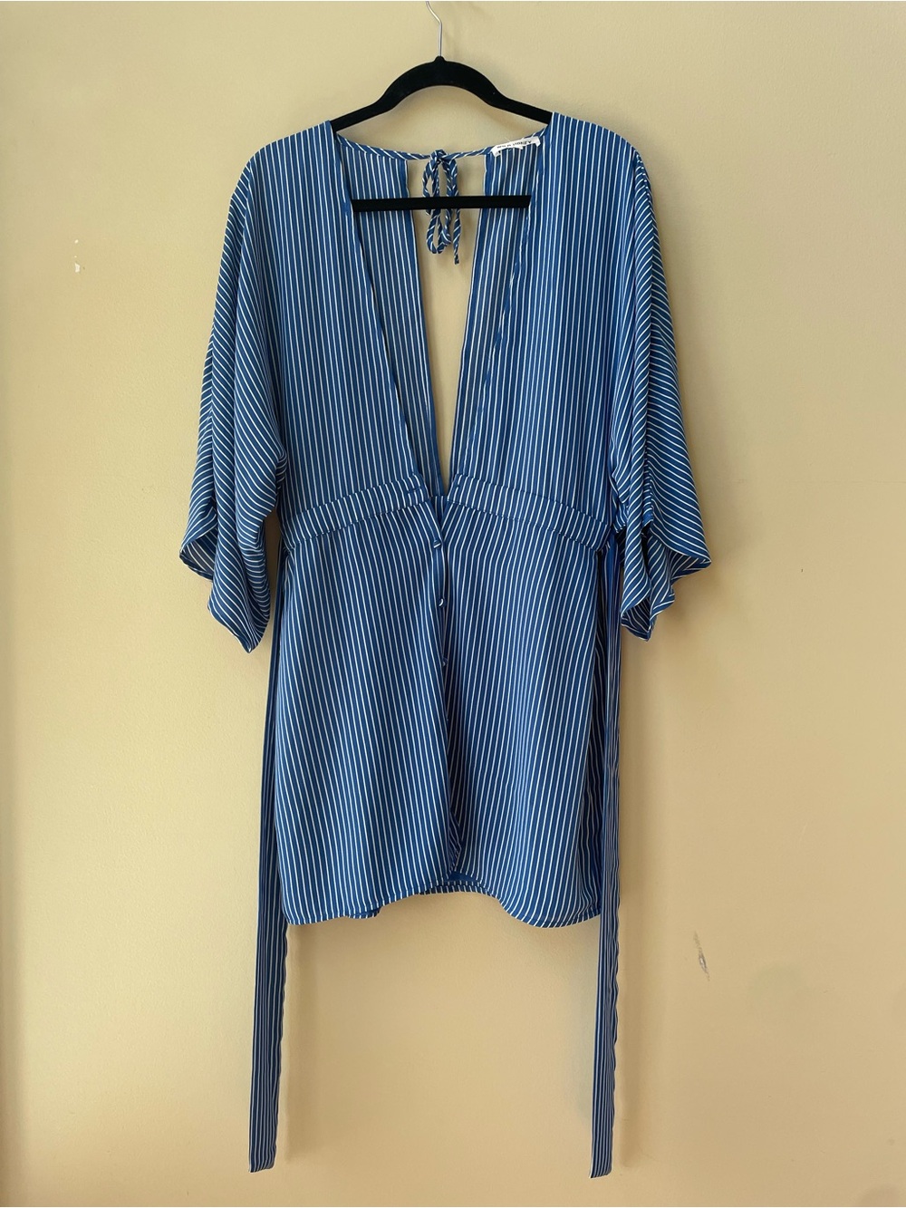 Blue & White Striped Deep V Mini Dress with Tie Back